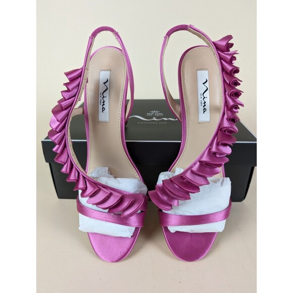 Nina Claudy Ruffle Heels Evening Sandals Womens 9.5 M Ultra Pink Satin Shoes NWB - Picture 7 of 13